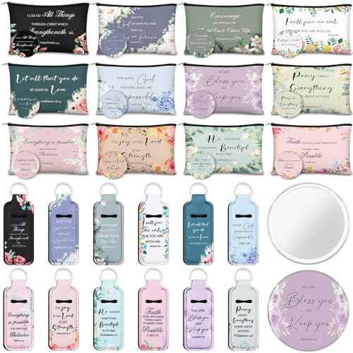 Marsui 36 Pcs Christian Gifts for Women Mother's Day Church, 12 Set Christian Makeup Bags Bible Verse Compact Makeup Mirrors Lipstick Lip Balm Holder Bulk Bible Study Supplies Religious Baptism Gifts