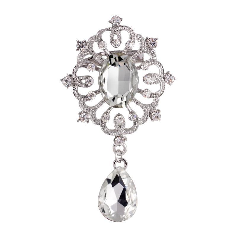 Image of Kercisbeauty Banquet Teardrop Dangle Silver Brooch for Suit Derss Unisex Sparkle Brooches Wedding Prom Special Occasion Jewelry(Silver)