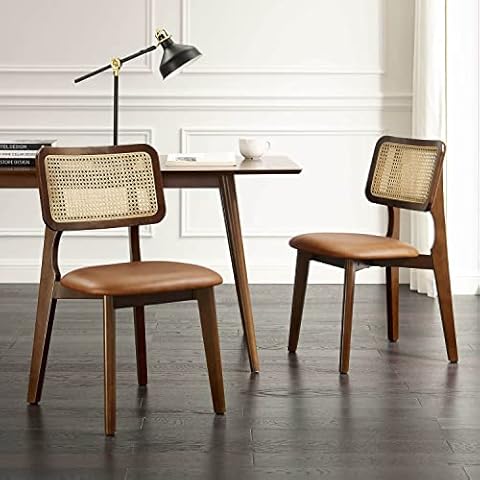Art Leon Ash Wood Rattan Dining Chairs Set of 2, Genuine Leather Kitchen Chairs, Mid Century Modern Dining Room Chairs with Rattan Back, Armless Side Chairs with Walnut Wood Frame, Brown Cover