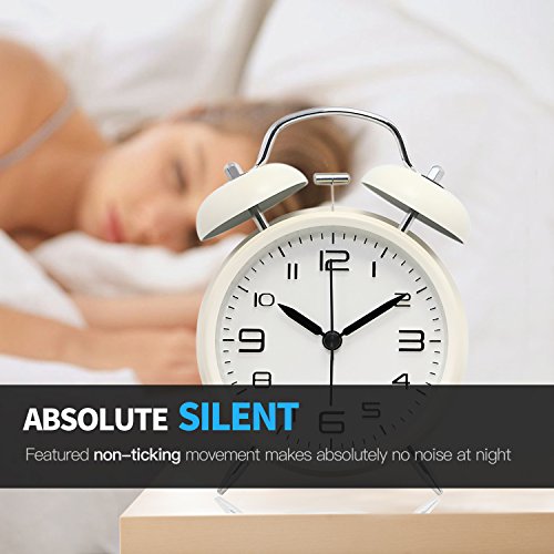 Betus [Non-Ticking Twin Bell Alarm Clock - Metal Frame 3D Dial With Backlight Function - Desk Table Clock For Home & Office - Milk White #TOP1