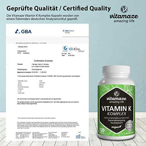 Vitamin K Komplex hochdosiert & vegan, K1 1.000 mcg + K2 Menaquinon (1.000 mcg MK4 + 200 mcg MK7), 120 Kapseln für 4 Monate, beste Bioverfügbarkeit, Made in Germany