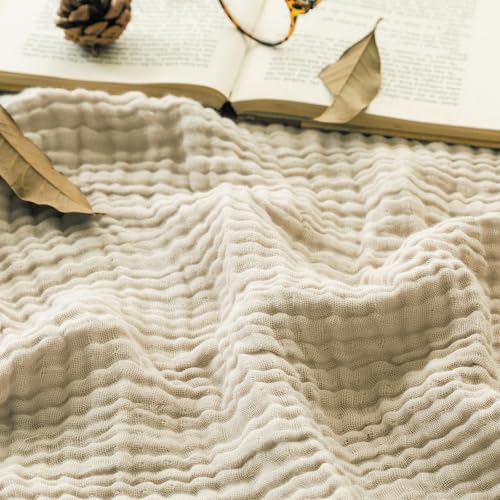 EMME Cotton Bed Blanket Soft Muslin Boho Bedding Lightweight Breathable Twin Blanket All Season Gauze Blanket, Light Tan