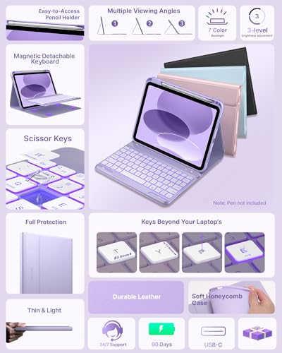 Image of typecase Folio Keyboard Case for iPad 10th Gen 10.9 inch (2022) and iPad 11th (A16, 2025), Magnetic Wireless Detachable Keyboard, 7-Color Backlight, Thin & Light, Pencil Holder - Light Purple