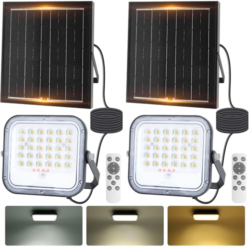 Aigostar - Foco proyector LED solar con mando a distancia,4000mAH,gran panel solar y batería de gran capacidad,regulable 3000/4000/6500K,Función crepuscular,Luz solar para exterior y jardín,2 piezas.
