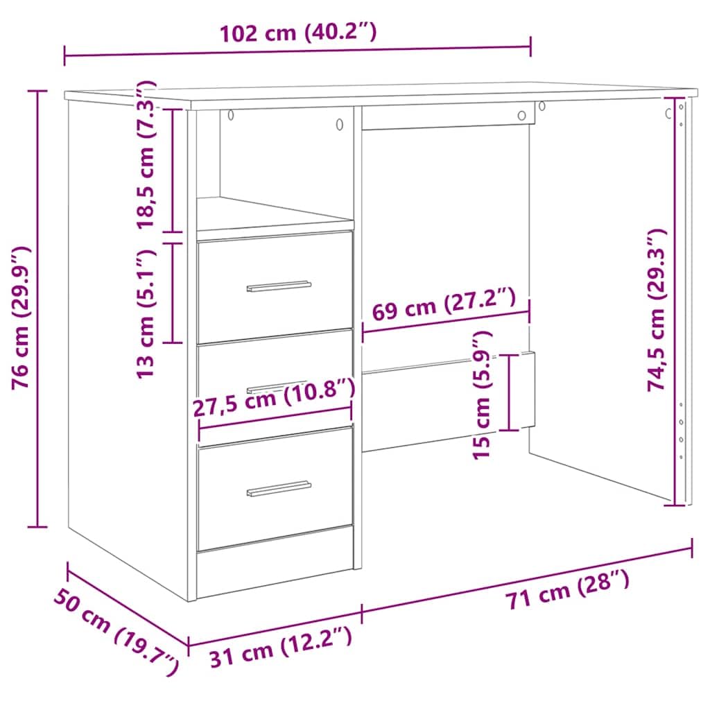 Biurko o wyglądzie starego drewna, materiał drewnopochodny, 102 x 50 x 76 cm, z 3 szufladami i półką, stół biurowy do domu, gabinetu, pokoju młodzieżowego, stolik komputerowy z systemem