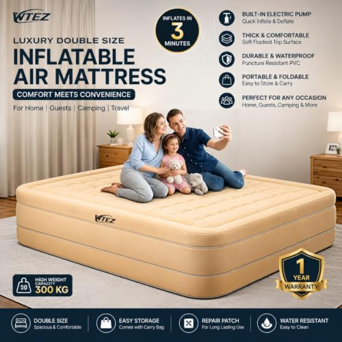 Image of Inflatable Air Mattress Double Bed with Built-in Electric Pump, Queen Air Bed, Foldable Portable Waterproof Sleeping Mattress for Home, Camping, Travel & Guests, 1 Year Warranty