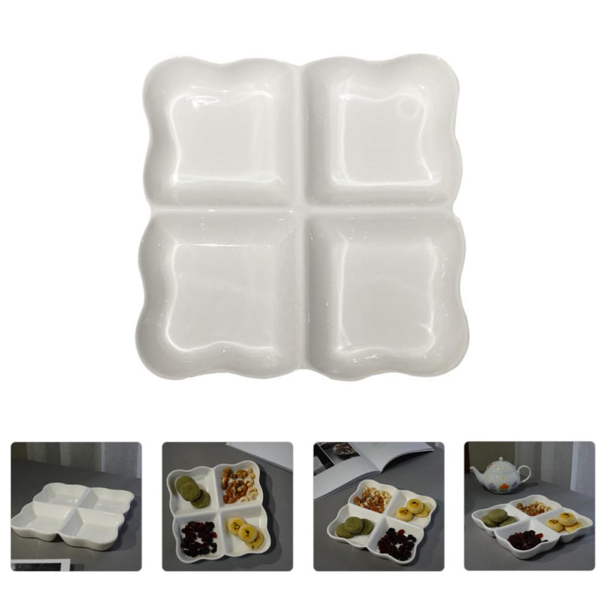Zerodeko Vassoio in Ceramica Bianco 4 Scomparti per Snack e Frutta, Design Creativo e Aspetto Elegante per Feste di Compleanno e Riunioni Festive Riutilizzabile