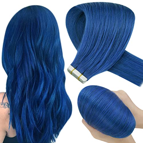 Hetto Blue Hair Extensions Tape in Hair Real Human Hair Tape in Extensions 12 Inch 10 Pieces 20g Color Blue Invisible Tape in Extensions Natural Straight Glue in Extensions