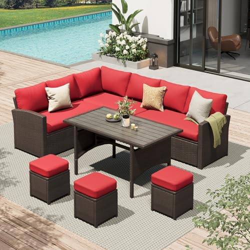 AECOJOY 7 Pieces Patio Furniture Set with Table, Outdoor Patio Furniture, Outdoor Dining Sectional Sofa with Table&Chair, Brown Rattan&Red Cushion