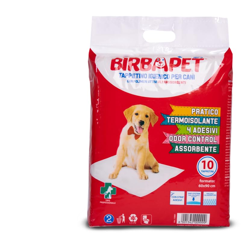 Birbapet Tappetini igienici per cani (60x90, n. 12 buste da 10 pz, totale 120 Pezzi) - Traversine Super Premium, super assorbenti in pura cellulosa, con polimeri e Sticker antiscivolo