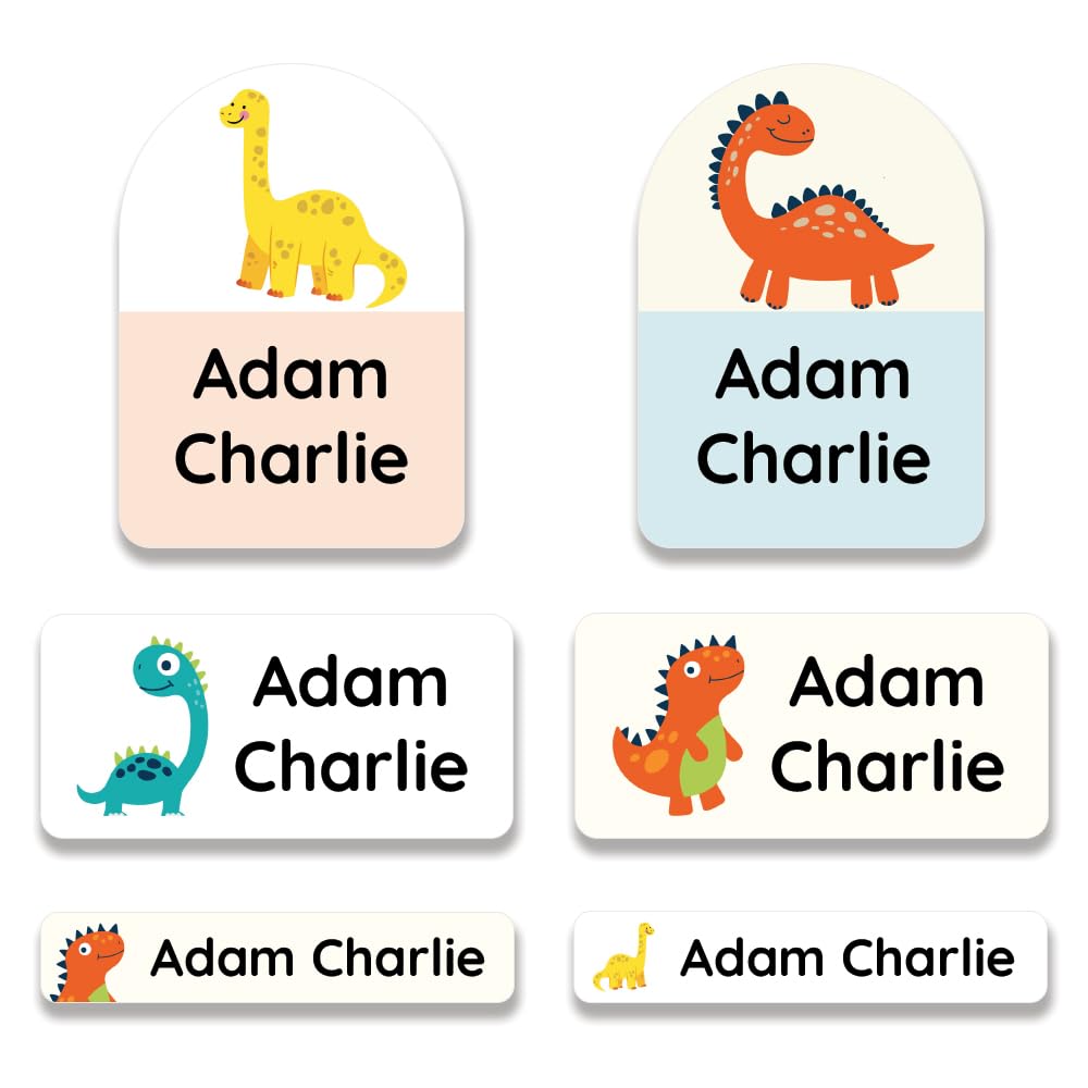 Pack of 82 School Name Stickers Stick-On Name Labels for Clothes 3 Sizes for Personalised Labels for Clothing Papa Prints - Dino