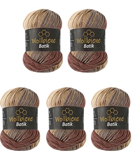 Wollbiene Batik 5020-5 ovillos de 100 g de lana con degradado, multicolor, para tejer, 500 g, multicolor (5020 marrón y beige)
