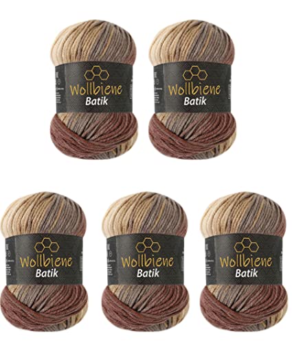 Wollbiene Batik Lot de 5 pelotes de laine de 100 g pour tricot et crochet (500 g) Multicolore Avec dégradé de couleurs Couleur 5020 marron, beige