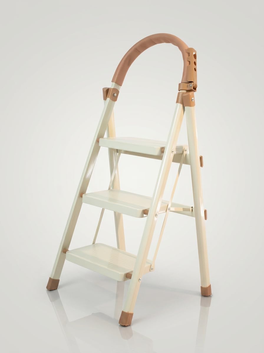 Scala pieghevole 3 gradini con corrimano, scaletta in acciaio, gradini larghi antiscivolo 18 cm, portata 150 kg, compatta