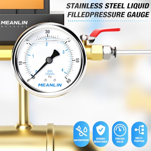 Image of MEANLIN MEASURE Stainless Steel 1 /4 inch NPT 2.5 inch FACE DIAL Liquid Filled Pressure Gauge WOG Water Oil Gas Center Back Mount(0~60Psi)