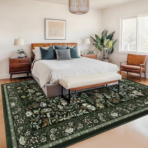 GarveeHome Moss Green Living Room Rug 5x7 Washable Floral Area Rugs for Bedroom Low Pile Non Slip Floor Cover Indoor Soft Non-Shedding Farmhouse Retro Throw Carpet for Dining Room Home Office Nursery