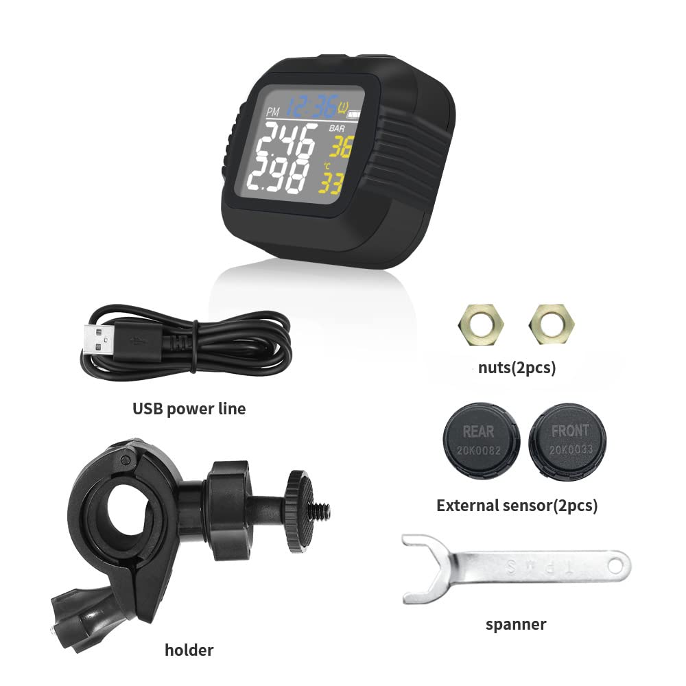 Monitoraggio della pressione dei pneumatici per moto, ricarica USB, sistema di monitoraggio TPMS con 2 sensori esterni, riflettono i dati in tempo reale per bicicletta e mountain bike