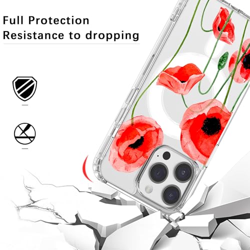 Idocolors for iPhone 15 Case, Compatible with MagSafe, Cute Poppy Flower Magnetic Phone Case, Crystal Clear Slim Fit Soft Transparent Shockproof Protective Phone Cover for Women Girls - image 4
