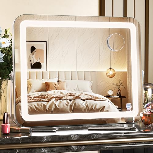 MINISO Vanity Mirror with Lights, 15" x 13" LED Makeup Mirror, Light & Brightness Adjustment, Smart Sensor, 360Rotation, Aluminum Alloy Metal White Frame, with 5X Magnifying Glass