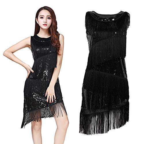 oshhni Vestido de dança latina com franjas dos anos 20, Preto, M