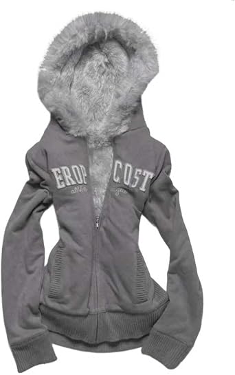 Y2k Zip up Hoodie Fur Jacket Emo Grunge Crop Winter Coats Teen 2000s Vintage Clothes Women Streetwear