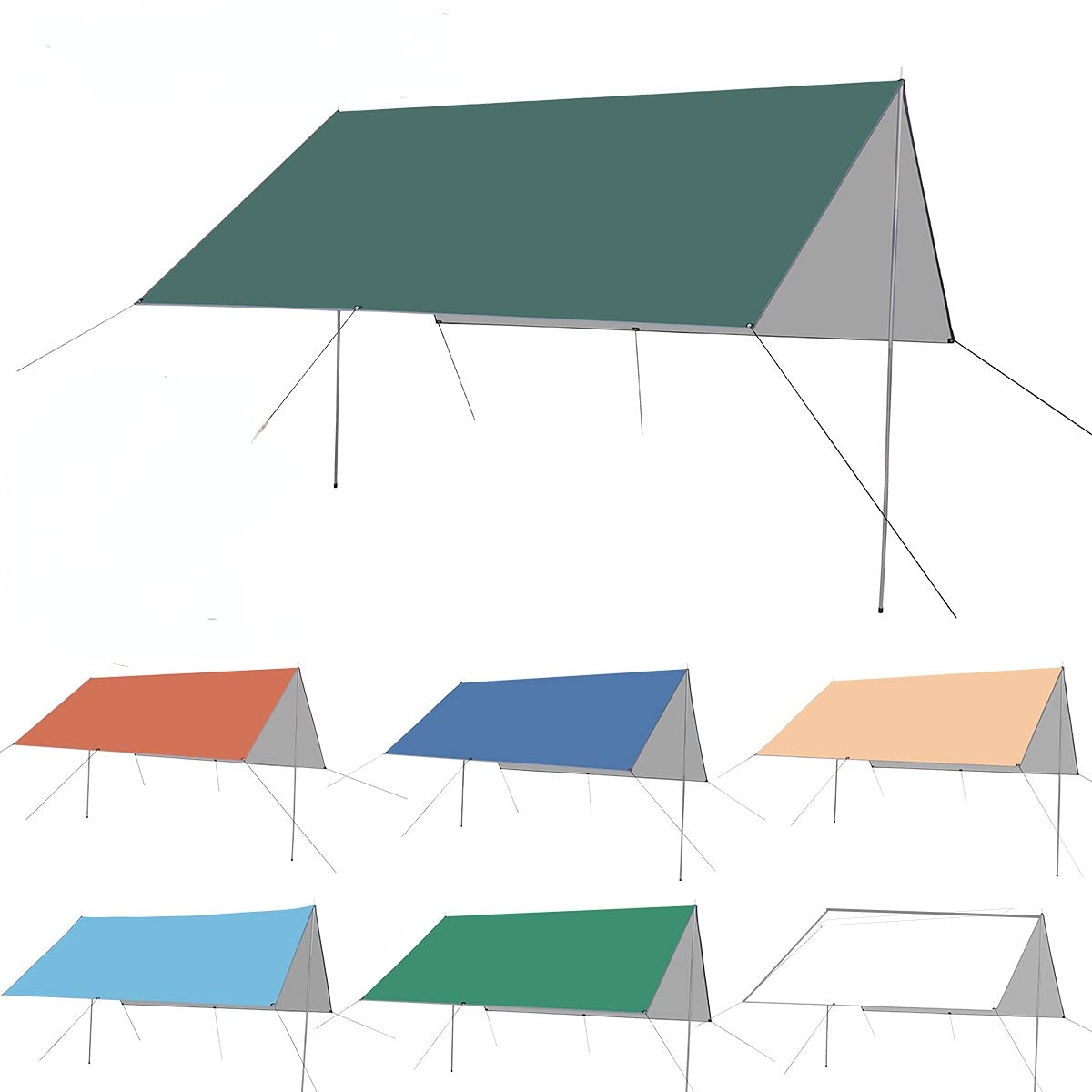 Toit de tente de camping - 3 x 3 m - Avec barre de support, piquets et cordon en nylon (vert herbe)