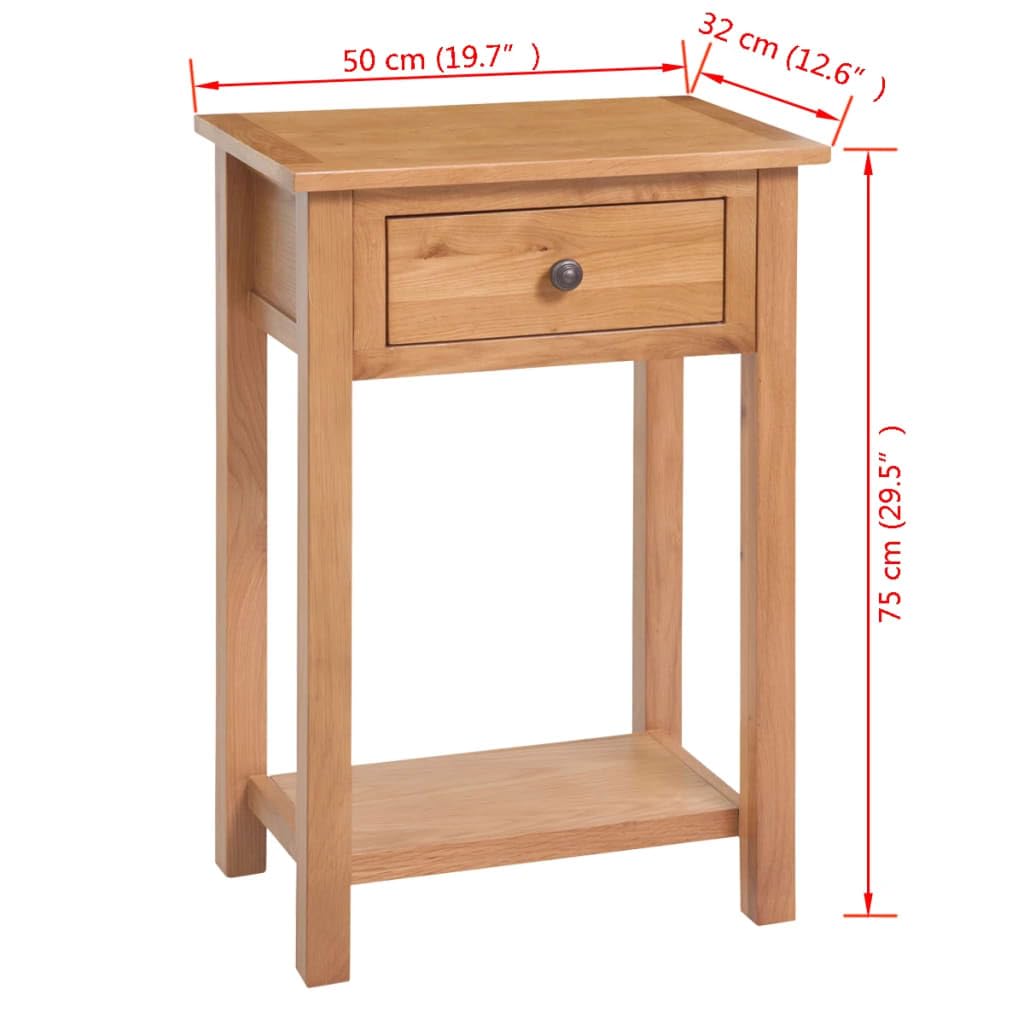 Solidny stolik konsolowy z litego drewna dębowego 50 x 32 x 75 cm z szufladą, prosty stolik konsolowy do salonu, przedpokoju lub jako stolik pomocniczy