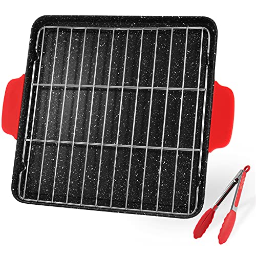 ESLITE LIFE Griddle Pan Nonstick Induction Flat Grill Pan for Stove Tops with Grill Rack and Silicone Handle Covers, 14.5  x 12 