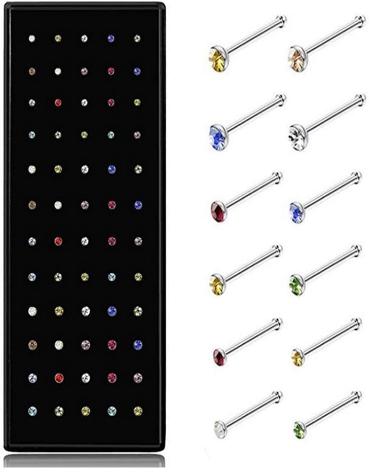 Keyzone60PCS Crystal Rhinestone Nose Ring Bone Stud Surgical Steel Body Piercing Jewelry