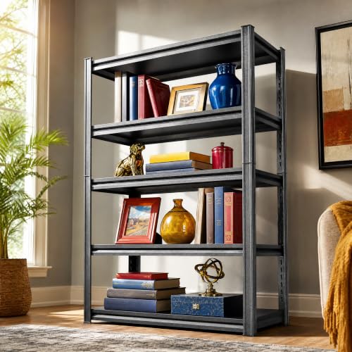 Image of Sturdy 5 Tier Black Metal Bookshelf, Industrial Book Case Shelving Unit, Heavy Duty Storage Rack for Books Plants Decor, Free Standing Steel Bookcase Shelf Organizer for Living Room Bedroom Office