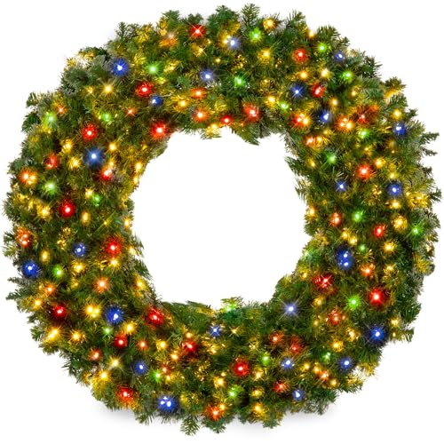 Image of Best Choice Products 30in Large Artificial Pre-Lit Fir Christmas Wreath Holiday Accent Decoration w / 100 Multicolor Lights, 220 PVC Tips