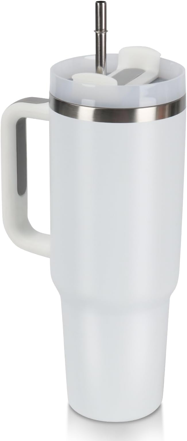 40oz Tumbler with Handle Insulated Stainless Steel Travel Coffee Mug with Straw&Lid Large Water Bottle Cup for Hot&Cold Beverages (White)