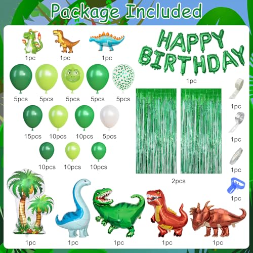 Image of Ouddy Life Dinosaur Balloons Birthday Party Decorations Fringe Curtain | 123Pcs Lime Green White Happy Birthday Dino Foil Balloons Garland Arch Kit for Boys Dino Jungle Safari Baby Shower Supplies