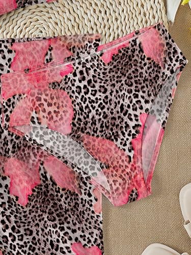 Image of RoseSeek Girls 3 Piece Bikini Set with Beach Skirt Floral Leopard O-Ring Padded Swimsuit for Teen Girls
