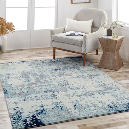 Livabliss Moroni Abstract Rug - Area Rugs Living Room 160x220 cm, Dining Room, Lounge, Kitchen, Bedroom - Modern Marble Large Rug, Soft Luxurious Easy Care Medium Pile, Silver, Navy Blue Grey