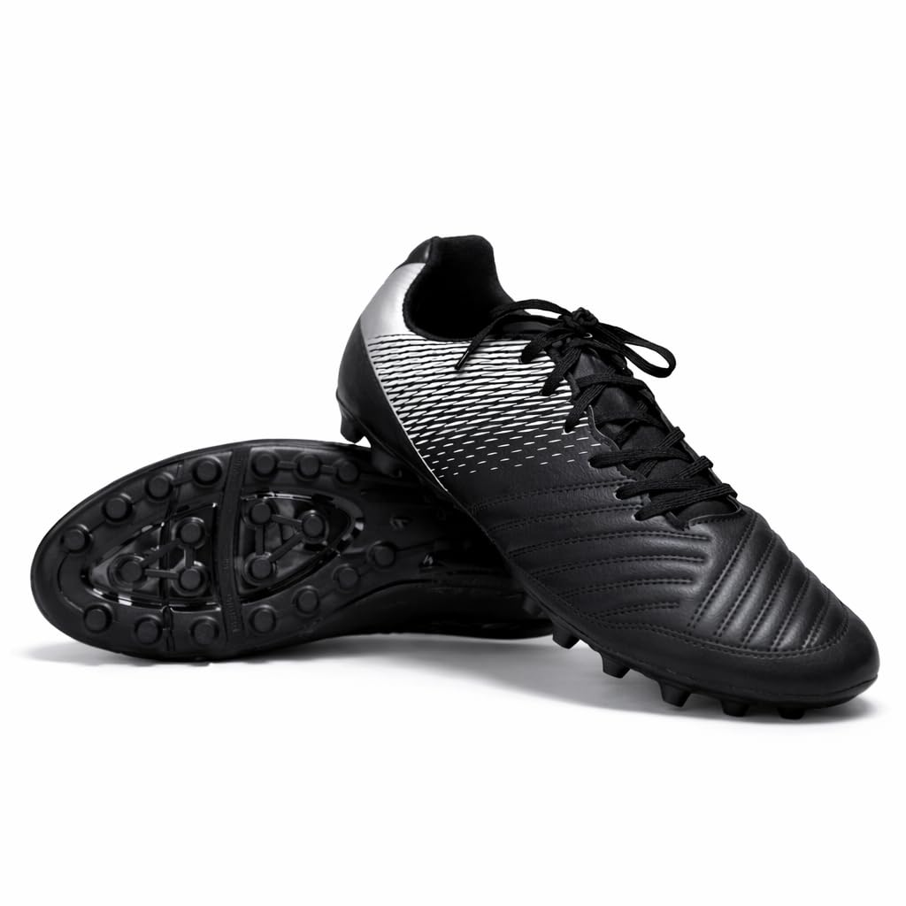 Shield Football Boots for Men, Black and Silver, Polyurethane, Lace-Up, Low Top, Lightweight and Durable Semi Stud