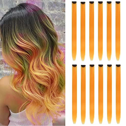 12Pcs Colored Pumpkin Yellow Hair Extensions Party Highlights Colorful Clip In Hair Extensions 22 Inch Straight Synthetic Hairpieces For Women Kids Girls Halloween Christmas Cosplay(Pumpkin Yellow) #TOP6