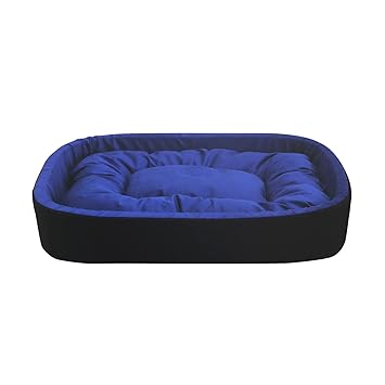 Mellifluous Reversible Oval Shape Soft Velvet Cat Dog Pet Bed (Length 66 x Width 53 x Height 15 cms) (Small, Blue-Black)