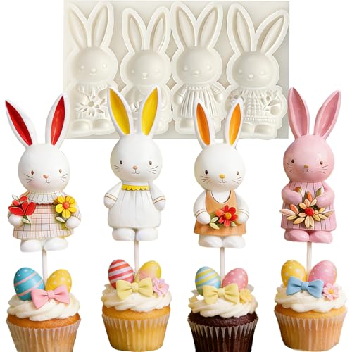 IKOJING 1Pc 4-Cavity Easter Bunny Silicone Fondant Mold Rabbit Candy Mold for Cake Decorating Cupcake Toppers Chocolate Gummy Polymer Clay DIY Baking Crafts Resin Non-Stick Spring Themed Desserts