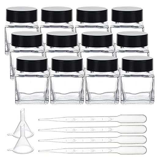 FINGERINSPIRE 12-pack 30 ml genomskinliga tomma bläckflaskor glas reservoarpenna bläckflaska med ABS-plastflaskkorkar, 4 st mini transparent plasttratt, 6 st 2 ml engångsplast tårdroppe