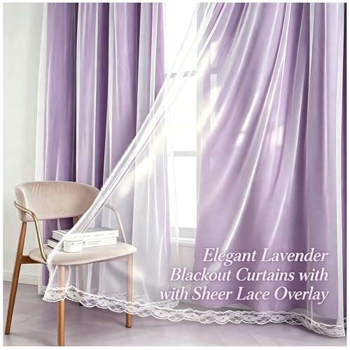 Image of 2 Panels Purple Blackout Curtains 52x84 Inches- Double Layer Lace Grommet for Bedroom, Nursery, Kids Room