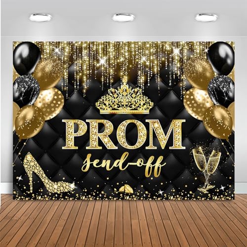 Mocsicka Prom Send Off 2026 Backdrop Gold Crown Graduation Prom Night Party Decorations Banner Graduate Photography Background Supplies (Gold 7x5ft(82x60))