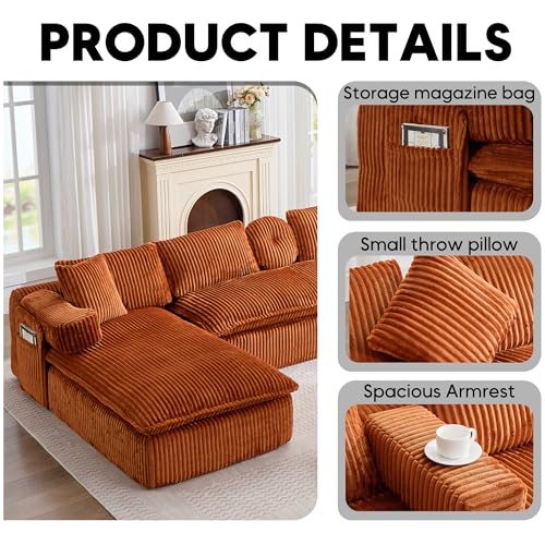 Image of Oversized Cloud Boneless Couch with Chaise, 149 inch Modern U Shape Modular Deep Seat Sectional Sofa, Comfy Corduroy Upholstered Couches for Living Room, No Assembly Required, Burnt Orange