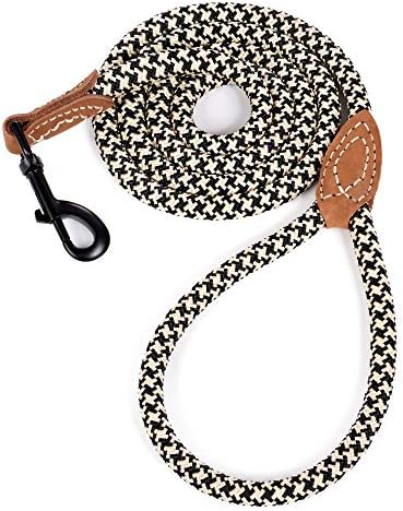 Mile High Life Braided Cotton Rope Leash with Leather Tailor Handle and Heavy Duty Metal Sturdy Clasp (Light Brown, 4 FT)