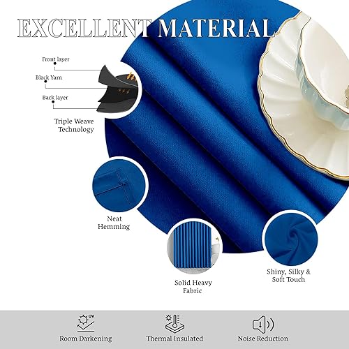 Image of Triple Pinch Pleated Blackout Curtains Thermal Insulated Room Darkening Curtains for Bedroom /Livingroom Pack of 2 Panels, Tiebacks, Hooks (Royal Blue)