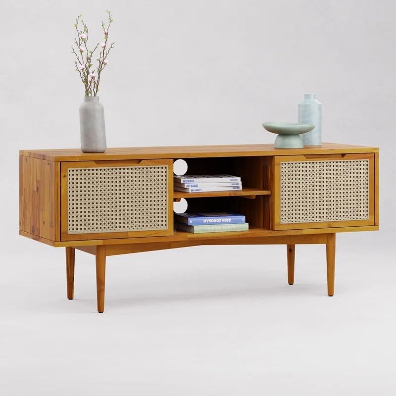 Image of MISAN Modern TV Table | Solid Sheesham Wood Sideboard TV Unit for Living Room, Bedroom, Office Furniture Stand | Wooden Free Standing Entertainment Unit Side Board Table with Storage (D-Hony)
