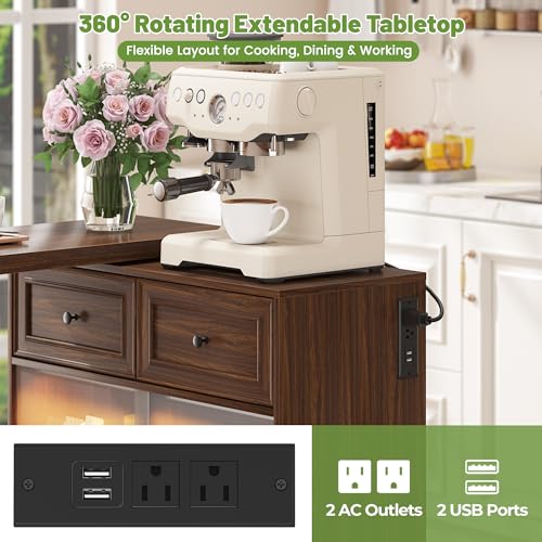 Image of 69 inch Kitchen Island with 360 Rotating Table, Bluetooth Speakers, LED Lighting, Adjustable Shelves, Storage Cabinet & Power Outlet - Walnut Finish Extendable Dining Table for Kitchen, Dining Room, Bar