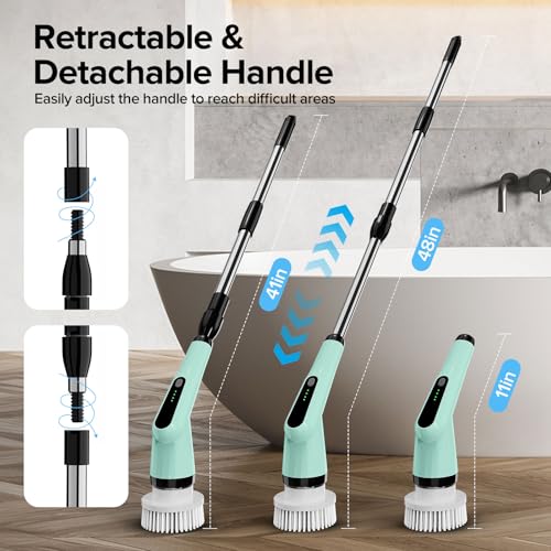 Image of Dreazu Electric Spin Scrubber, IPX7 Electric Cleaning Brush with 7 Replaceable Brush Heads & Retractable Handle, 2-Speed Adjustable Spin Scrubber for Bathroom, Bathtub, Kitchen, Tile Floors