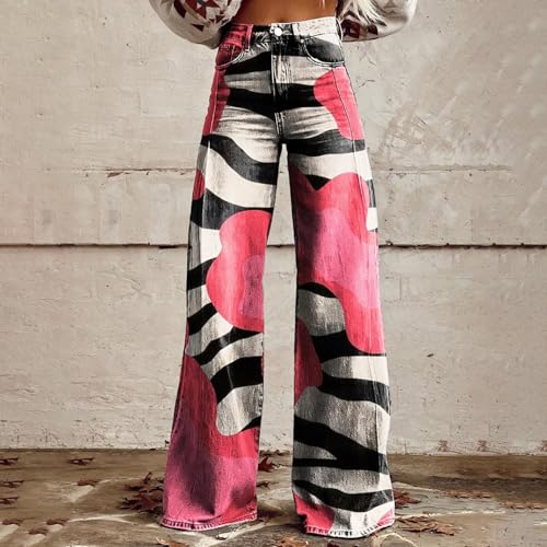 Women's Flare Wide Leg Jeans - Vintage Floral Print High Waisted Straight Stretch Denim Pants with Pockets2