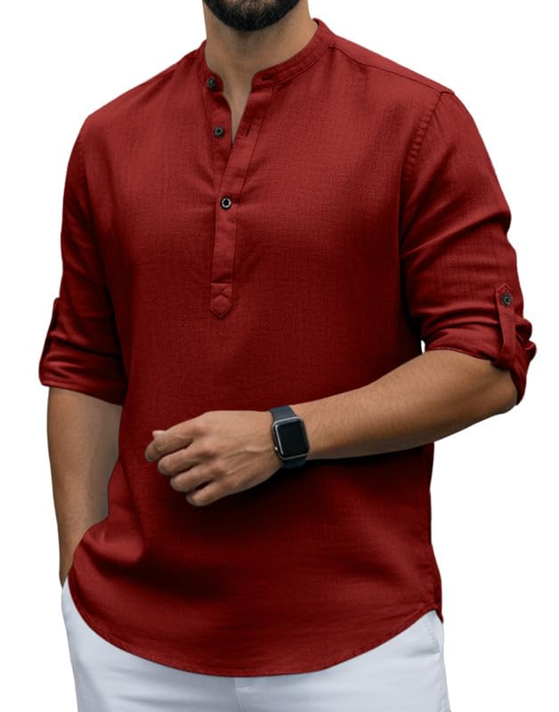 Image of Men Cotton Blend Mandarin Collar Casual Kurta Shirt | Roll-Up Sleeves | Regular Fit Ethnic Short Kurta for Daily